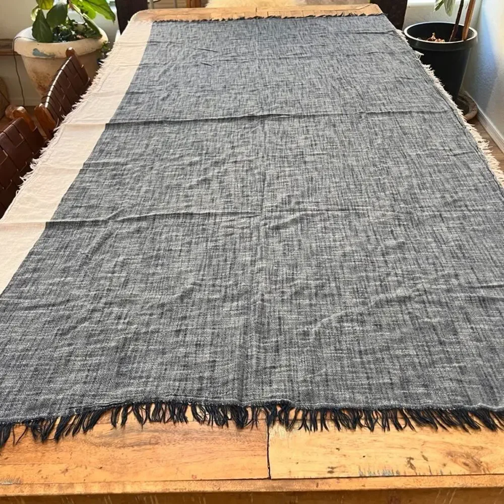 Fringed 2 Tone Colorblock Scarf Swimwear Cover Up Blue Chambray White 44